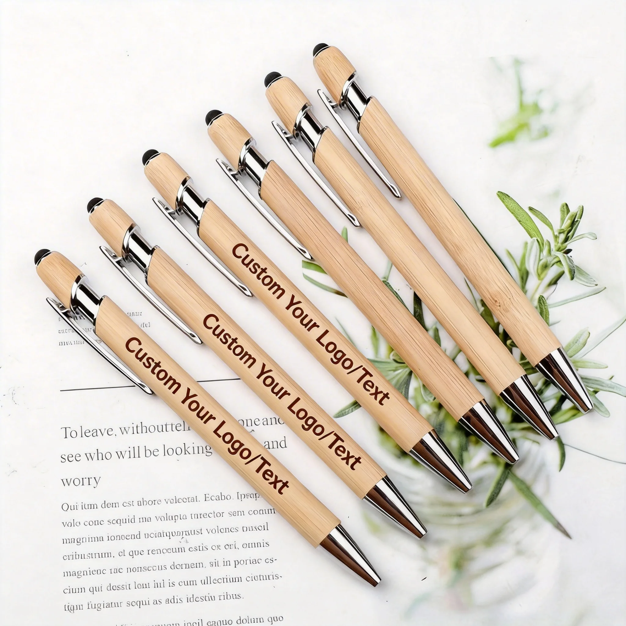 Custom Logo Bamboo Ballpoint Pens Personalized Wooden Pens with Touchscreen Tip Pen Gift for Wedding Baptism Graduation School
