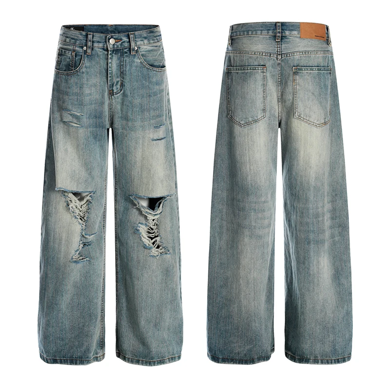 

Niche Retro Washed Hole Versatile Baggy Jeans American Retro Chic Micro Flared Long Pants 2026 Spring New Denim Trousers
