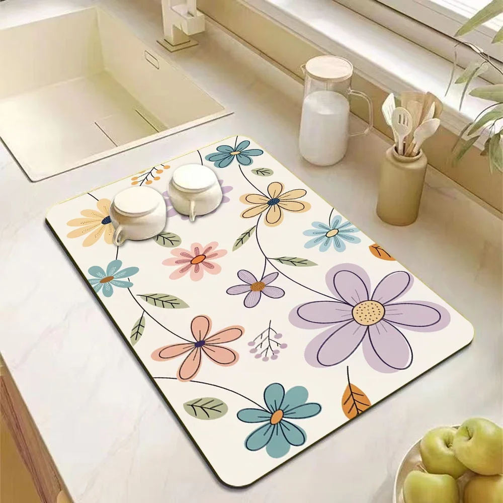 Drying Mat Modern Simple Floral Tableware Drying Carpet Kitchen Dish Bar Draining Mat Water Cup Dining Table No Wash