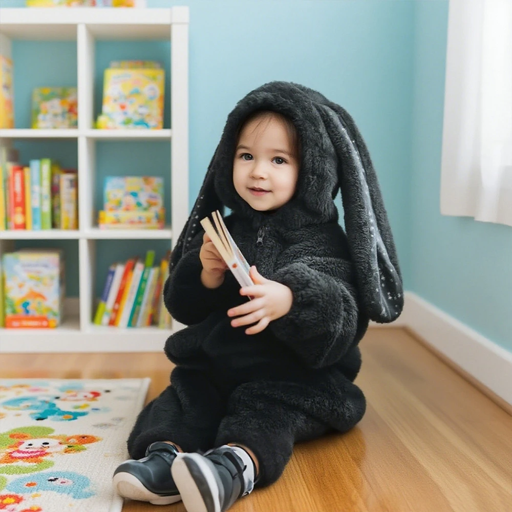 Autumn Winter Baby Girls Bodysuit Big Rabbit Ears Lamb Fleece Lining Thick Warm Hooded Zipper Jumpsuits For Boys Romper 6-36M