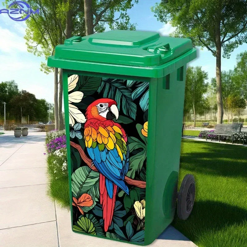 1 vibrant macaw jungle design trash can sticker, 14.57 x 32.28 inches - used for trash cans, walls, kitchen decor