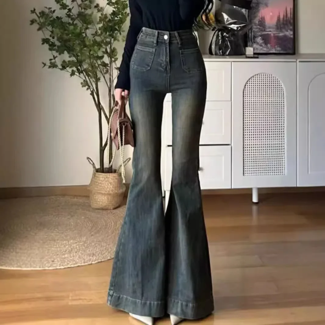 2024 Spring Summer Design Sensibility Distressed Women's Jeans High-waisted Slimming Long Pants Big Bell Bottoms Slimmer Look