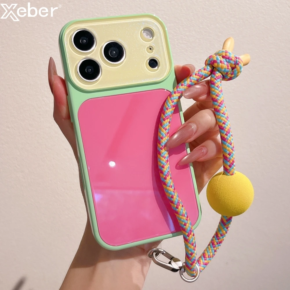 Dopamin-Kontrastfarben-Handgelenkschlaufe mit Anhängern, Glas-Handyhülle für iPhone 18 16 15 14 17 Pro Max, Vollständiger Linsenschutz