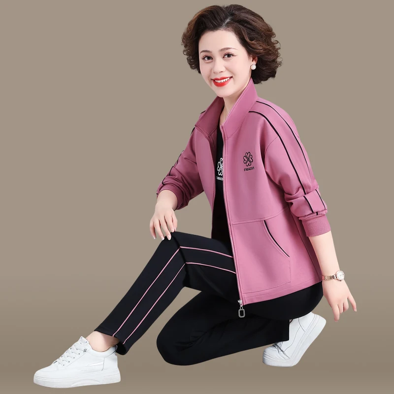 

Повседневный спортивный костюм для женщин среднего возраста: модная верхняя одежда весна-осень, свободные брюки, толстовка на молнии