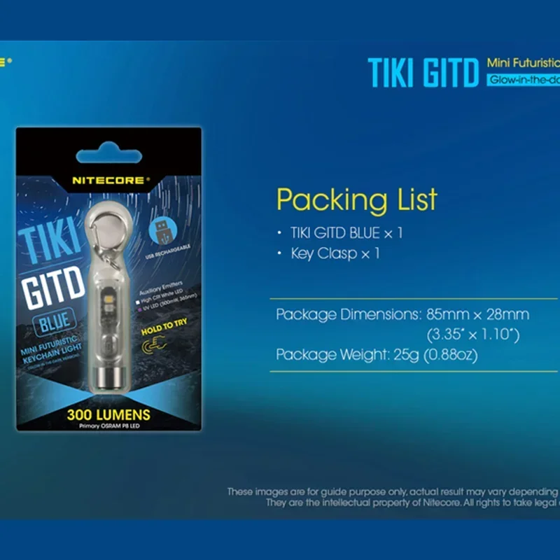 NITECORE TIKI GITD брелок свет 300 люмен TYPE-C перезаряжаемый УФ свет/высокий CRI мини портативный фонарик