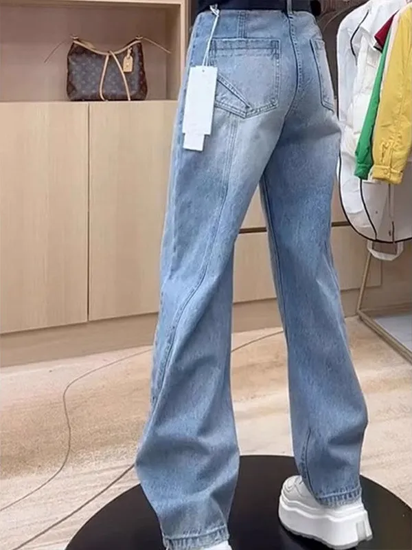 Lente 2025, afslankende, faionable jeans met wijde pijpen, hoge taille, rechte denimbroek, verbergt flatterend mes