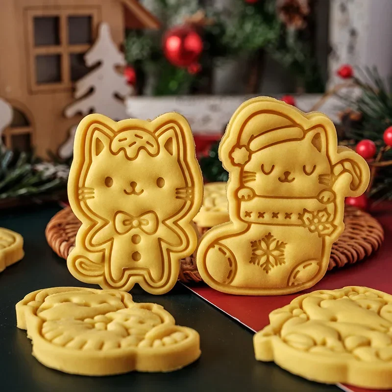 Molde cortador de galletas de gato de Navidad de dibujos animados, molde de corte de decoración de galletas de pastel de Fondant, herramienta de