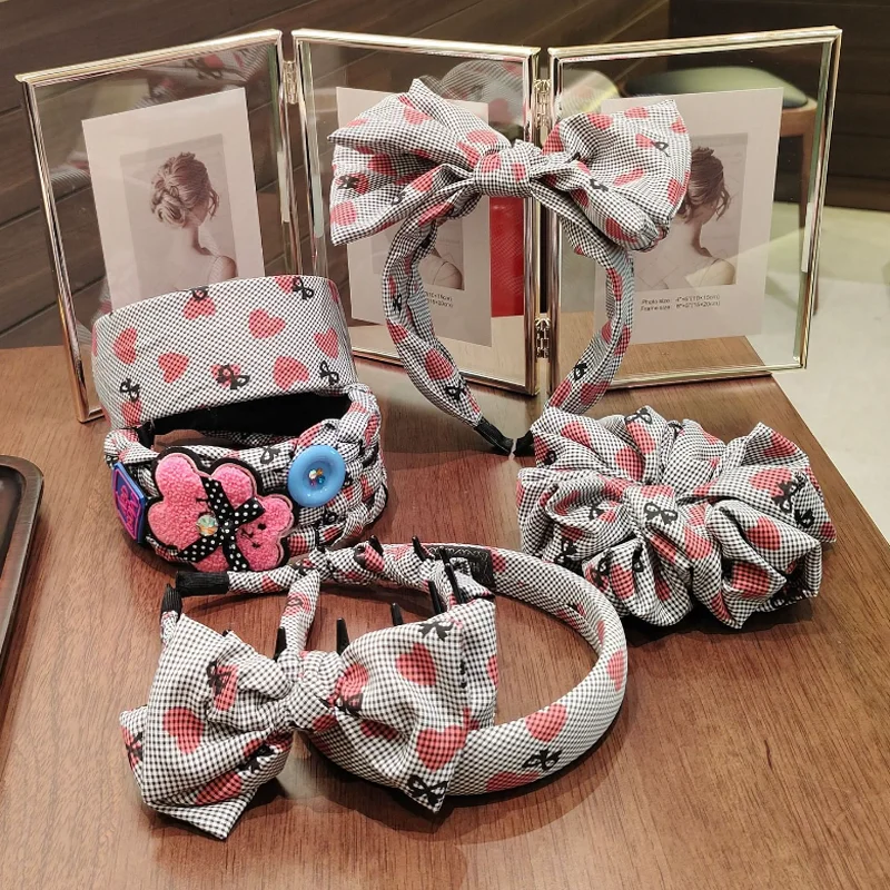 

College Style Checkered Bow Headband Hair Bands Vintage Heart Print Fabric Hairband Hairpin