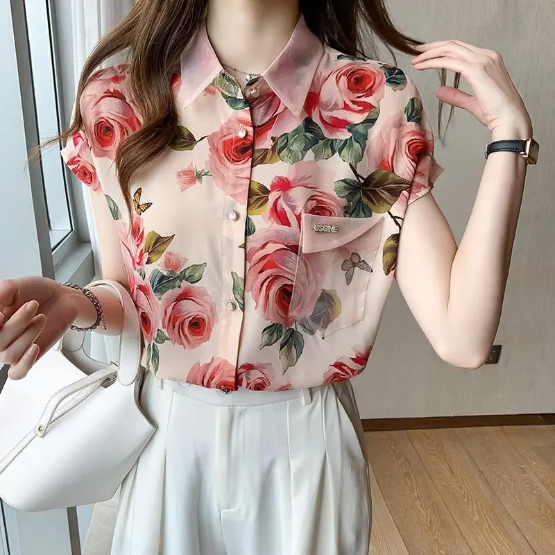 Korean Elegant Female Mesh Polo-Neck Printed Shirt Summer 2023 Temperament Fashion Short Sleeve Floral Blouse Women\'s Clothing