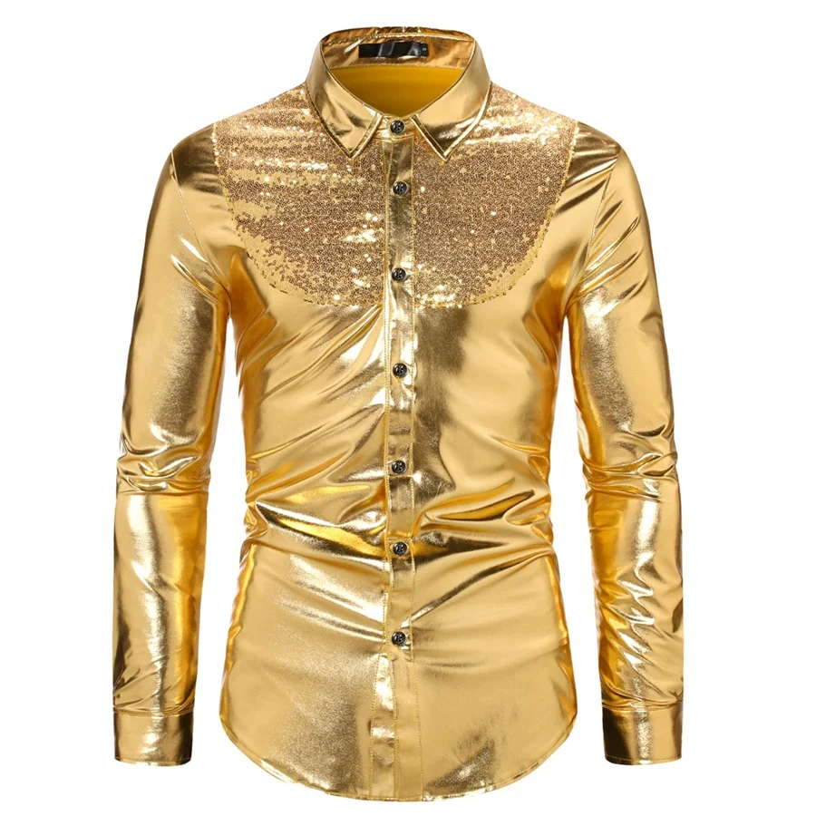 

2026 New Shiny Sequins Glitter Men Dress Shirts Party Stage Performance Costume Nightclub Shirt Male Wedding Clothes Gold Tops