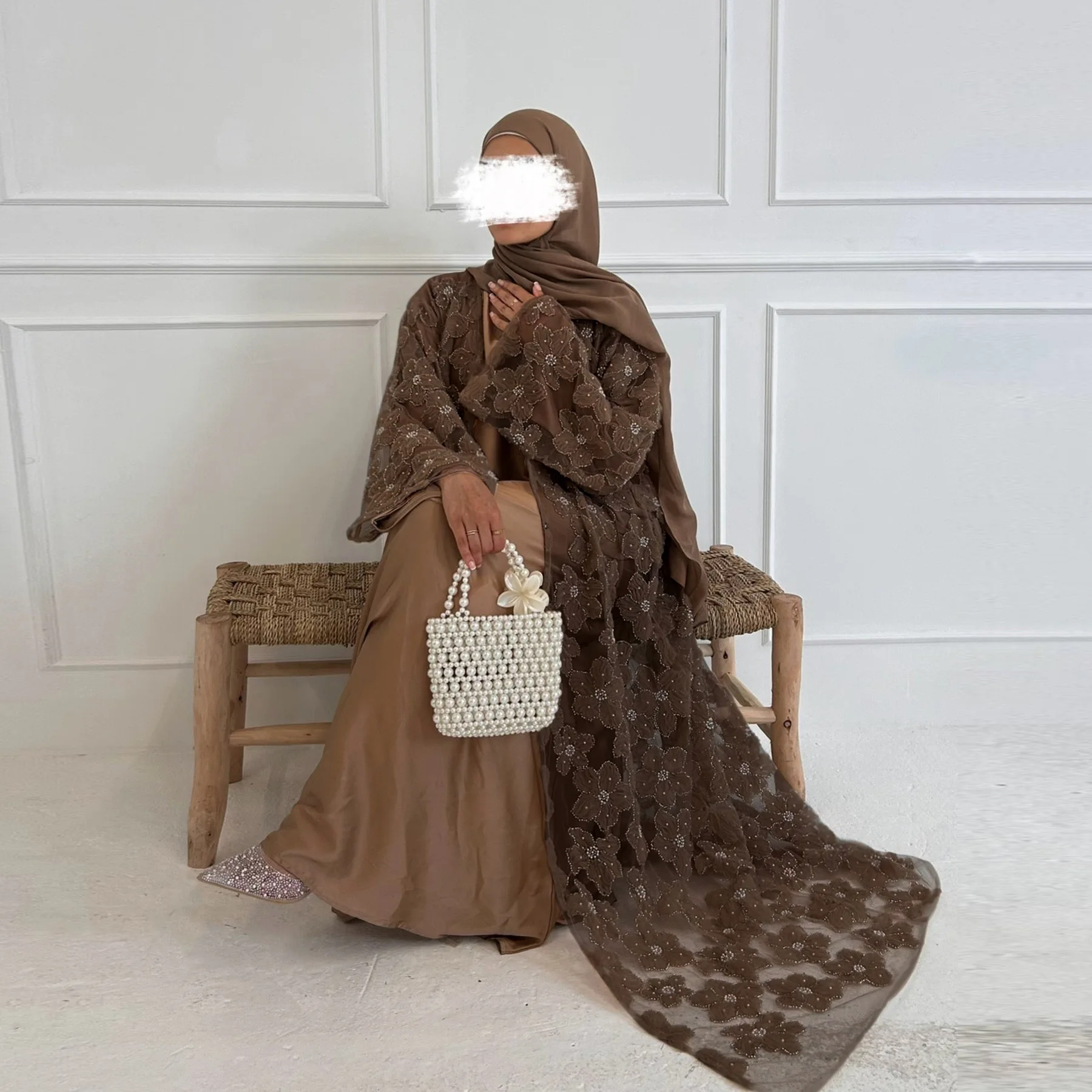 Eid Djellaba Abito musulmano Perline Fiore Abaya per le donne Ramadan Abbigliamento islamico Dubai Kimono aperto Turchia Caftano Jalabiya Robe