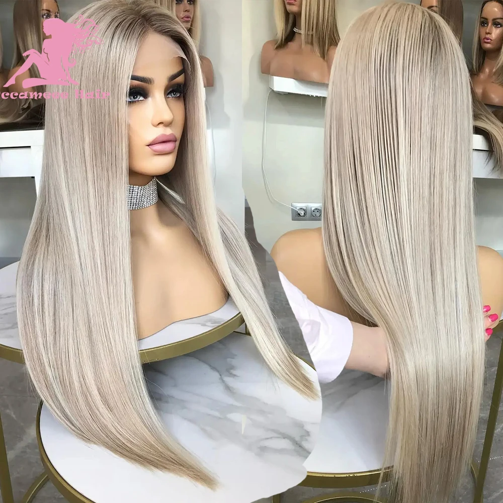 Ombre Ash Blonde Wigs Human Hair 360 Lace Frontal Wig Swiss Hd Transparent Full Lace Front Wigs With Dark Brown Root Straight