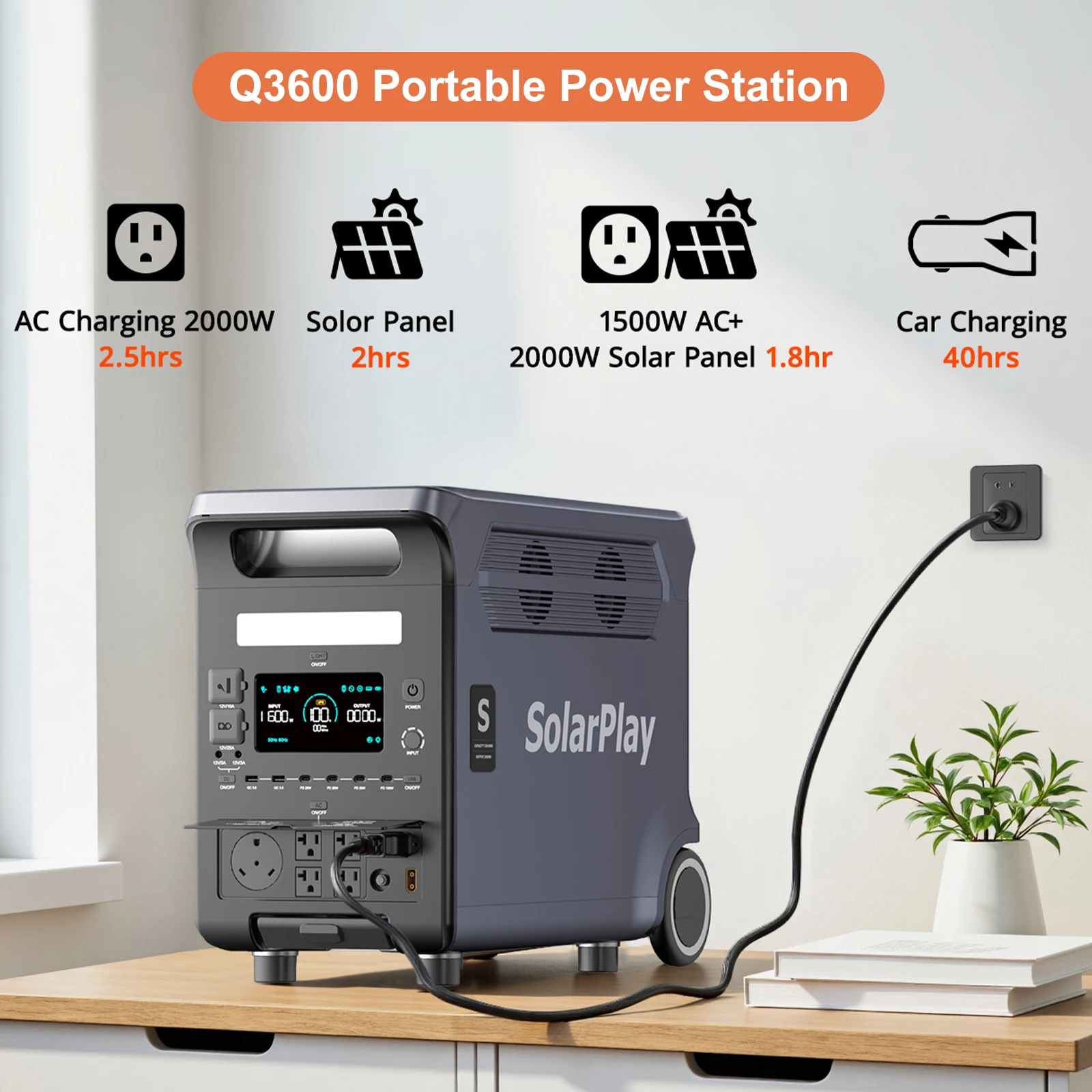 

SOLARPLAY 3600W 3840Wh Electric Power Station Q3600 Lifepo4 External Battery 220v Charging Energy Storage UPS for Home Outdoor