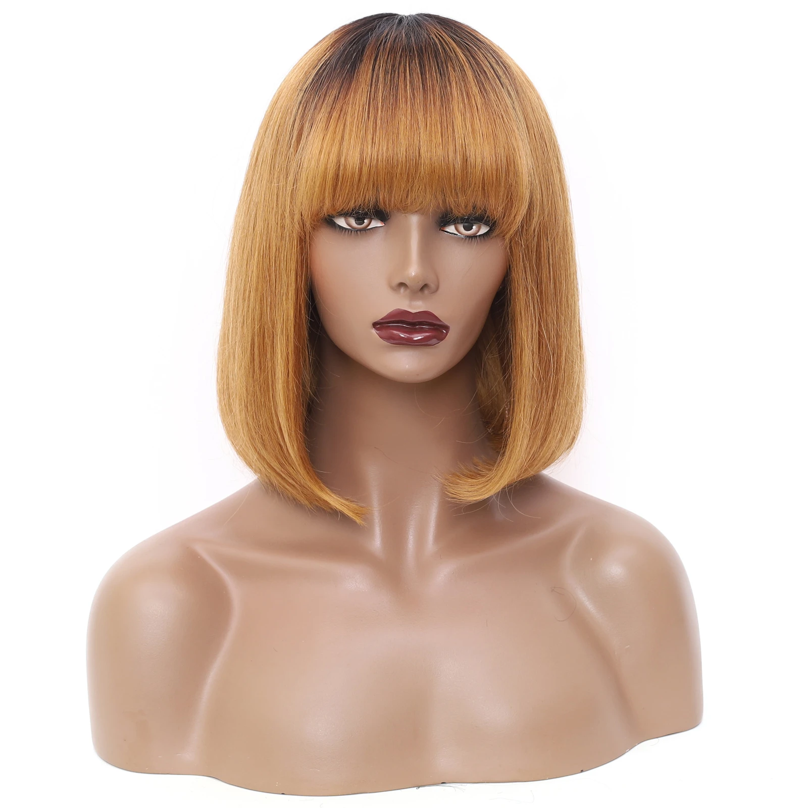 ボブ-ショート-ブロンド-ストレート-レースなし-フロントウィッグ-前髪あり-髪の毛のりなし