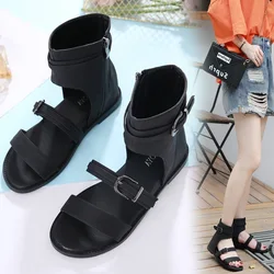 Summer Cool Boots Women Zipper Wedge Shoes Retro Round Toe Luxury Ankld Boots Buckle Decoration Cover Heels Mid-Calf Sandals