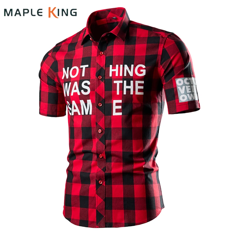 

Mens Fashions Letter Printed Plaid Button Up Shirts Men Short Sleeve Cotton Chemise Tops 2024 Summer Men Casual Streetwear Shirt