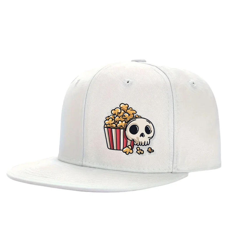 Skull and Popcorn Printed Baseball Cap Unisex Flat Brim Adjustable Cap for Daily Outdoor Wear