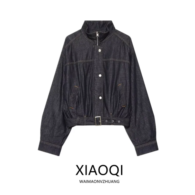 Spring 2026 Women's Denim Jacket with Belt Waist Cinching Stand Collar Flower Bud Design Commute Style Loose Fit Outerwear