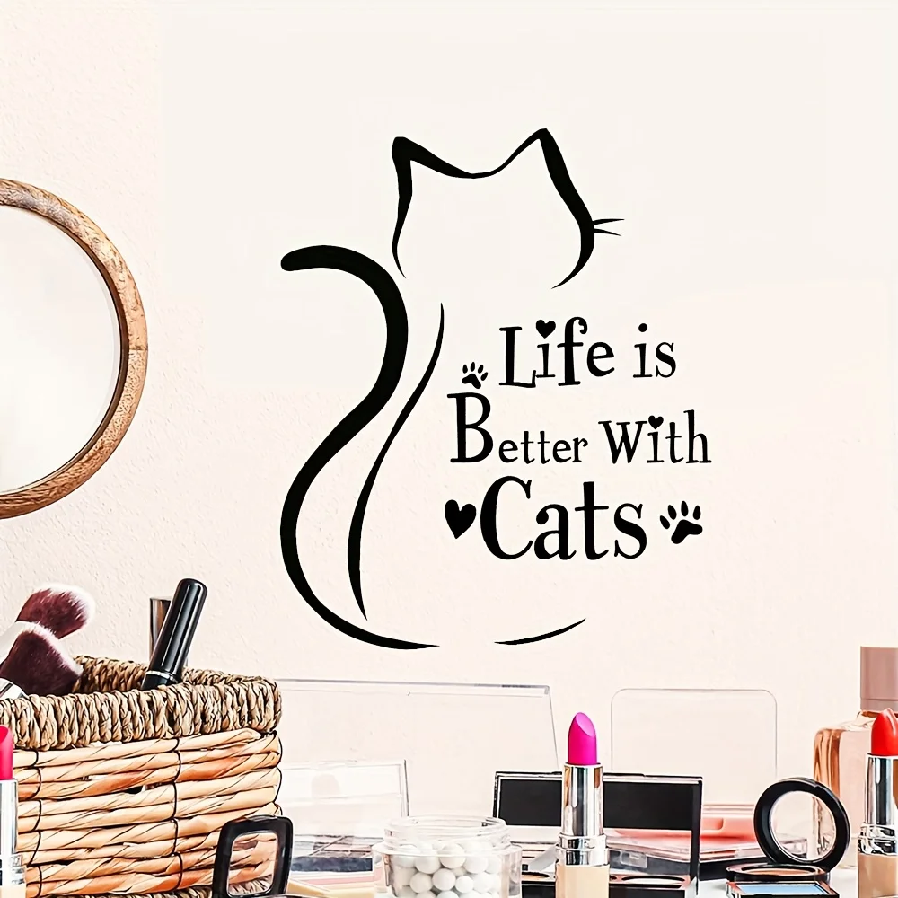 1 Cat Silhouette Wall Sticker - "Life Is Better with Cats" Quote, Glossy Surface with Paw Print Design, Fun Decoration for Cat Lovers view 2