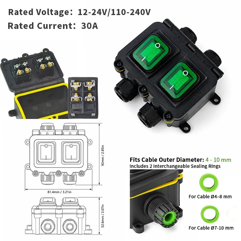 IP68 Waterproof Inline Cord Rocker Switch Box Single/Dual On Off Optional LED Indicator 16A 30A 24V 220V Outdoor Garden Lighting