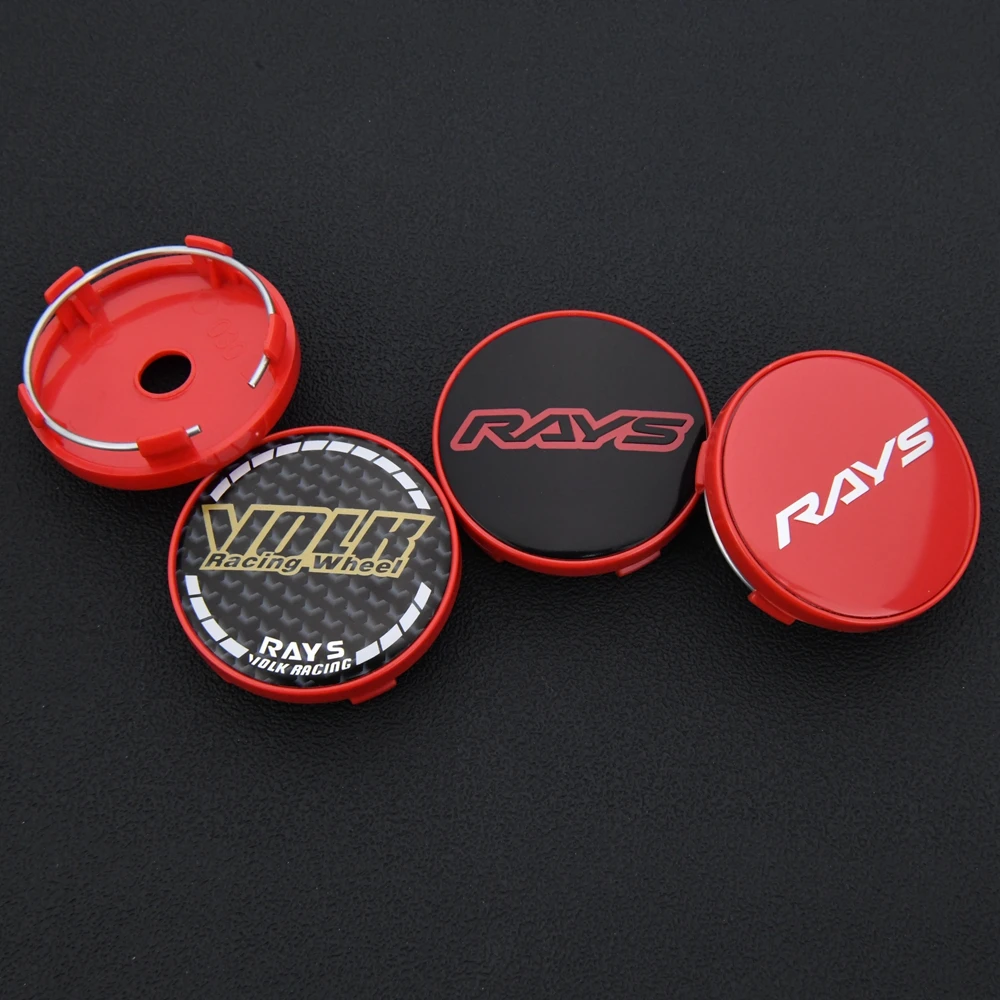 4PCS Rim Cap RAYS 60mm OD / 55mm Clip Wheel Center Cap VOLK Emblem Sticker Wheel Cover Hub Cap Black & Silver & Red