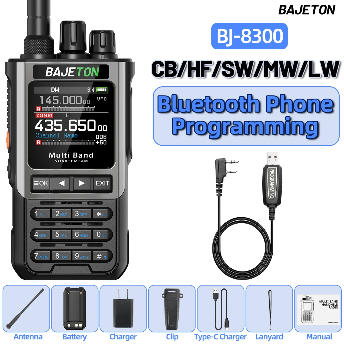 BAJETON BJ-8300 Walkie Talkie 10W Tri Power SW MW LW AM SSB CB Ontvangen Draadloze Bluetooth Telefoon Programmering NOAA twee Manier Radio