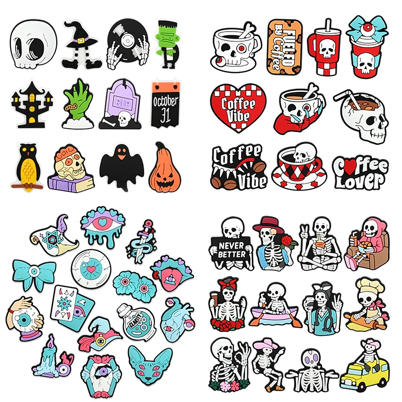 Random Halloween Witch Skeleton Theme PVC Shoes Charm Alligator Charm Accessories Fit Bracelet Boys Girls Xmas party gifts