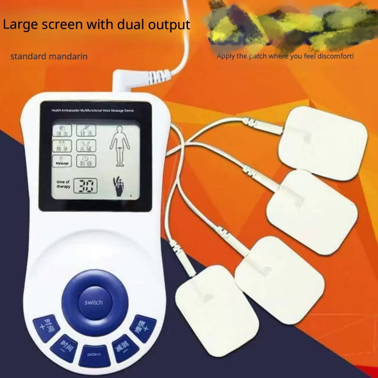 Unit Muscle Stimulator, Dual Output Electronic Pulse Massager with Voice Prompt, 8 Modes Full Body Pain Relief Therapy Machine