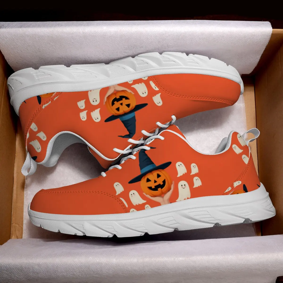 Neue maßgeschneiderte, niedrig geschnittene, leichte und lässige, flache, zweifarbige, fliegengewebte, atmungsaktive Halloween-Geschenk-Sportschuhe mit weicher Sohle