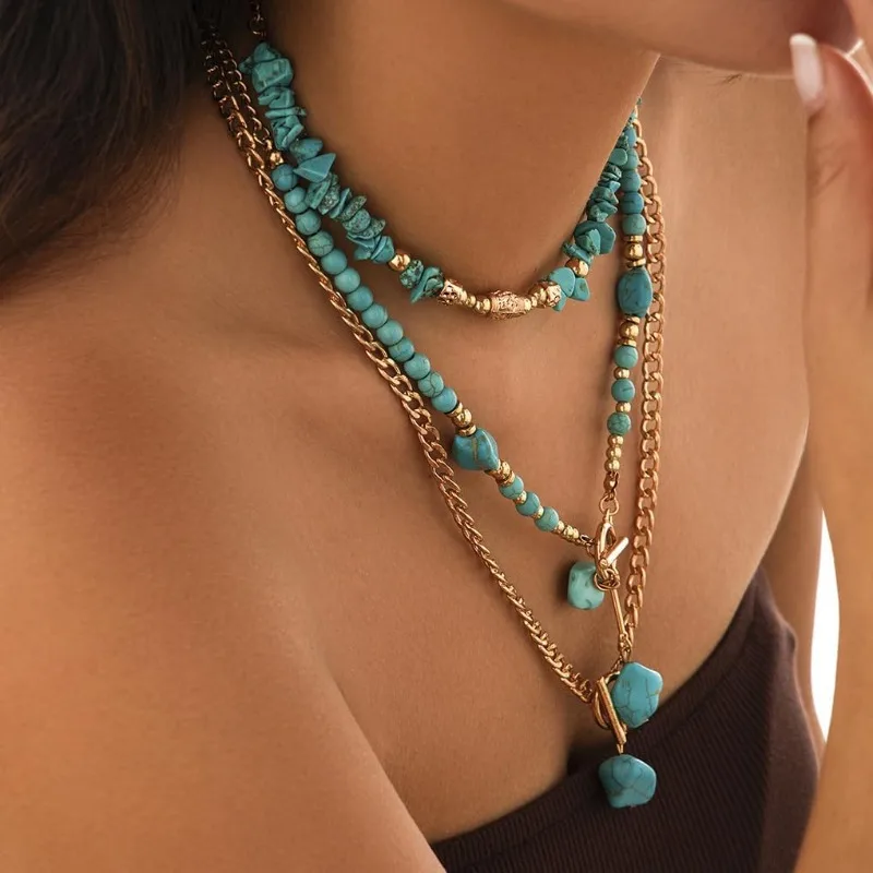Chunky Turquoise Necklaces for Women Girls Vintage Gold Statement Bohemian Layered Necklaces Charm Beaded Choker Western Jewelry view 6