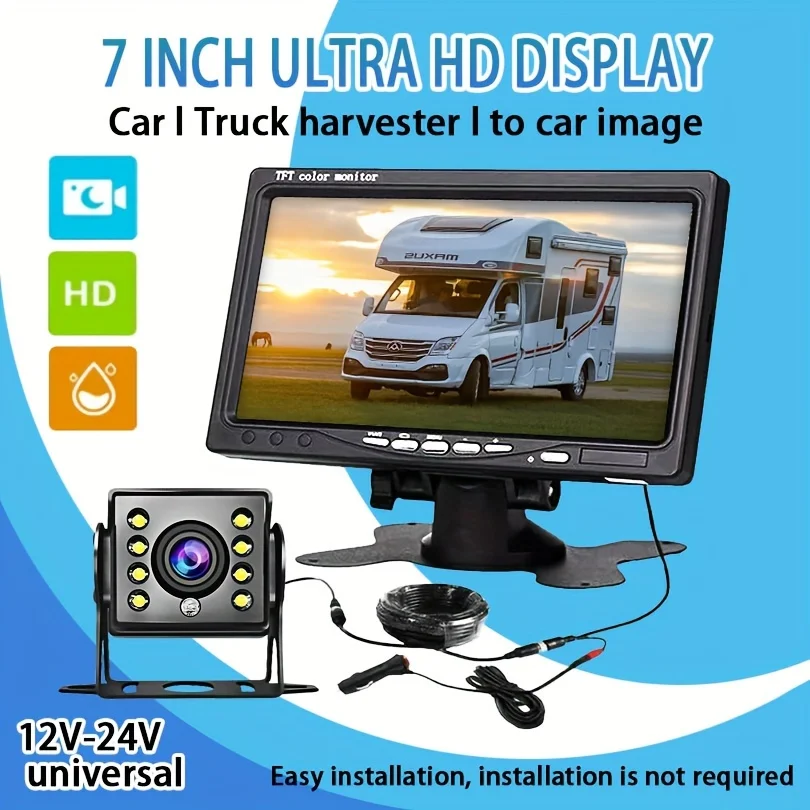 

7-inch Backup Camera System - Rear View Parking Reverse Camera kit for buses, trailers, pickups, vans and RVS with 8 LED lights