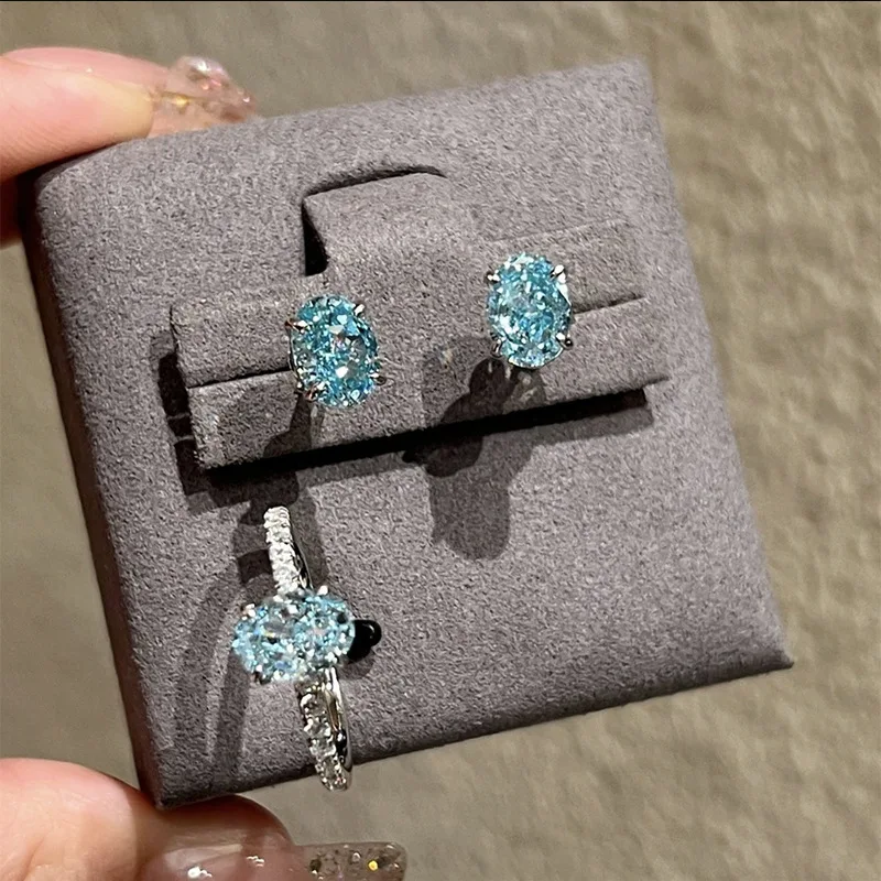 Xiaoyan 100% S925 pure silver imported high carbon diamond 6 * 8mm sea blue treasure zircon earrings exquisite jewelry
