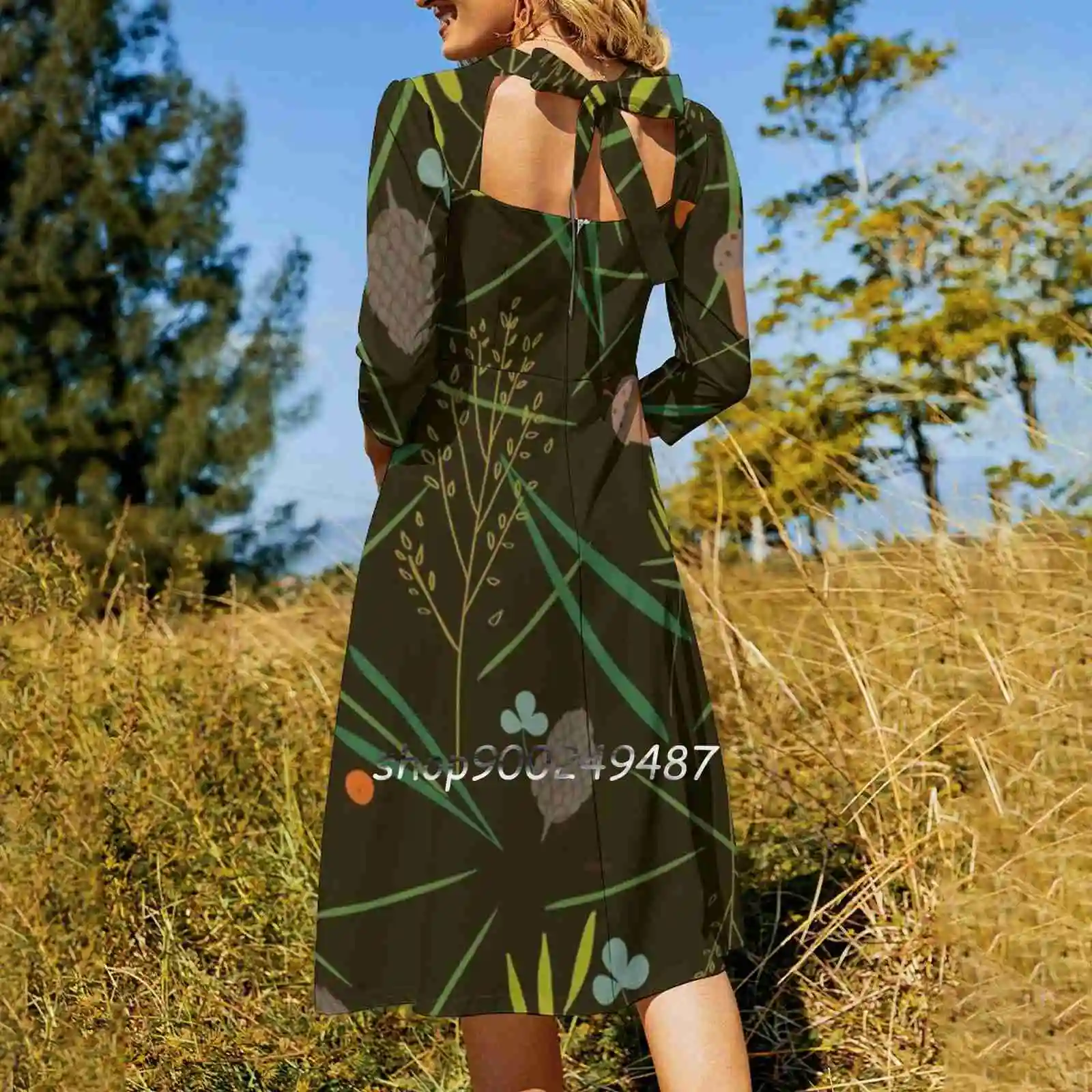 Pattern With The Image Of The Forest Cones , Fir Needles Square Neck Dress Sweet Summer Dress Women Elegant Halter Print Dress