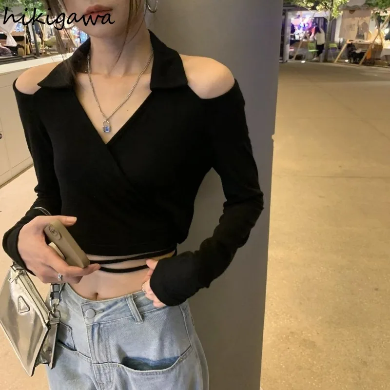 Black Off Shoulder Woman Tshirts Crop Tops Cross Bandage Long Sleeve Tunic Y2k Tops Shirts for Women Casual Chic Korean T Shirt