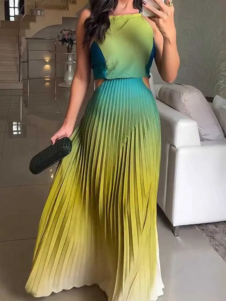 เซ็กซี่Cutoutชุดเอวยางยืดผู้หญิงGradientจีบHalterคอBackless Maxiฤดูร้อนชุดขายส่งDropshipping