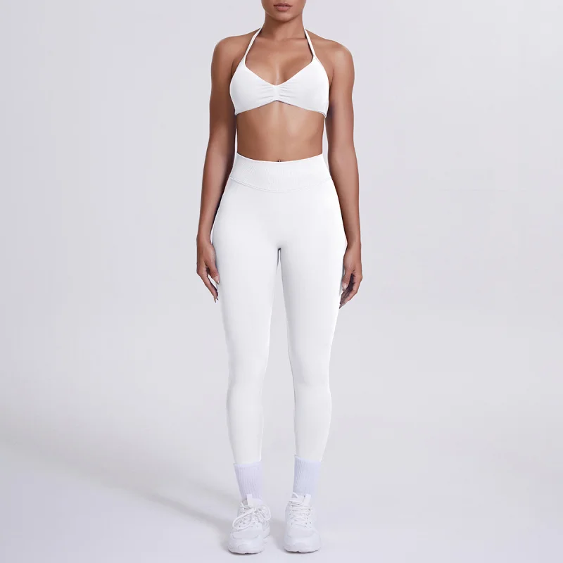 

LEOSOXS Seamless Solid Color Backless Halter Bra and Long Pants Yoga Gym Outfit Set Tight Running Fitness Sports Two-Piece Set