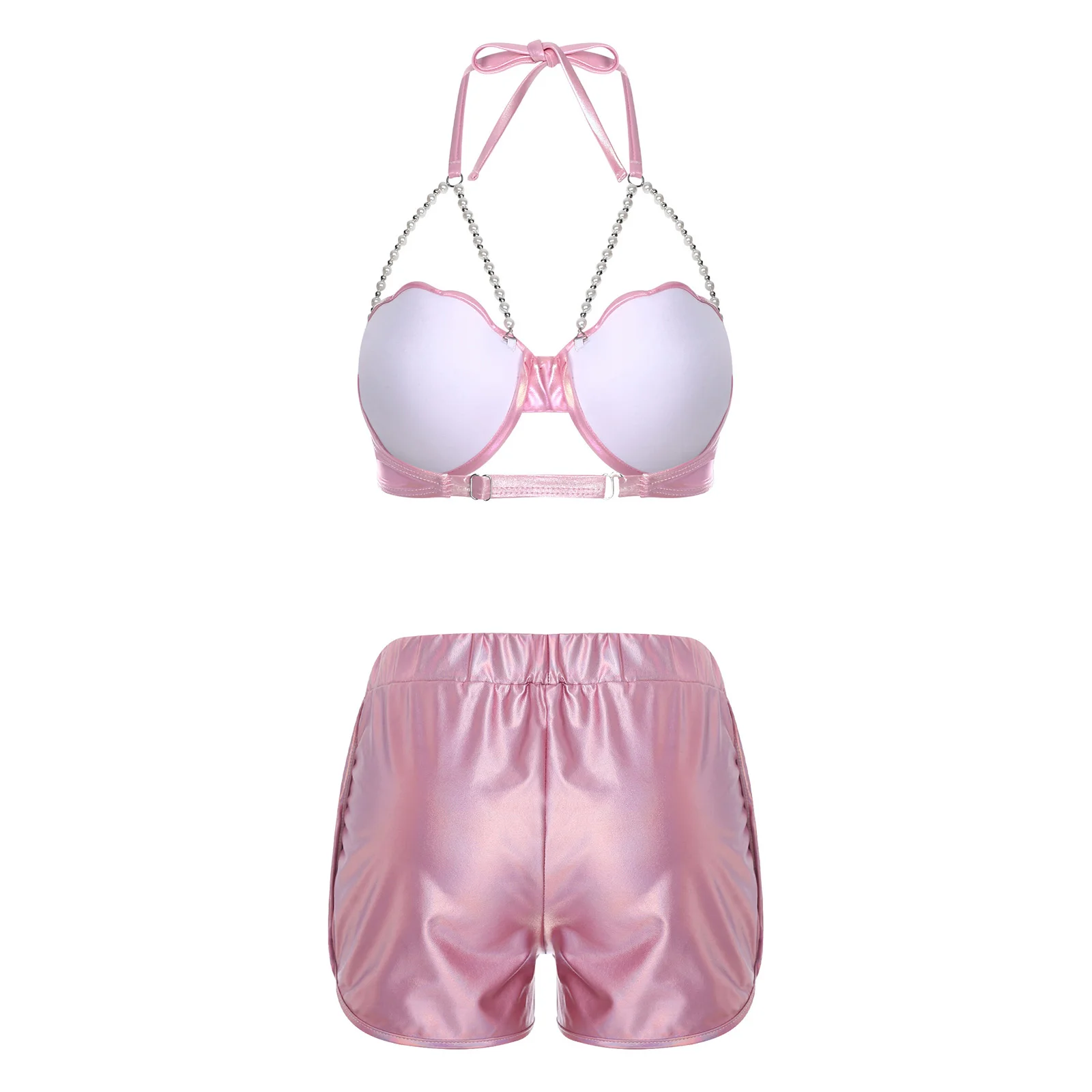 

Women Metallic Shiny Sportswear Swimwear Halter Neck Shell Shaped Bikini Bra Top and Elastic Waist Side Pockets Booty Shorts