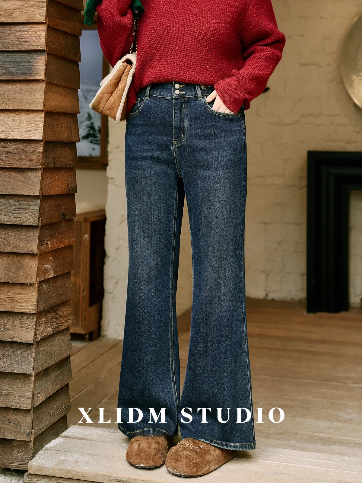 Dżinsy damskie XLIDM plus size z podszewką z polaru, wysoki stan, wyszczuplające, elastyczne, vintage, proste nogawki, lekko rozszerzane, spodnie codzienne.