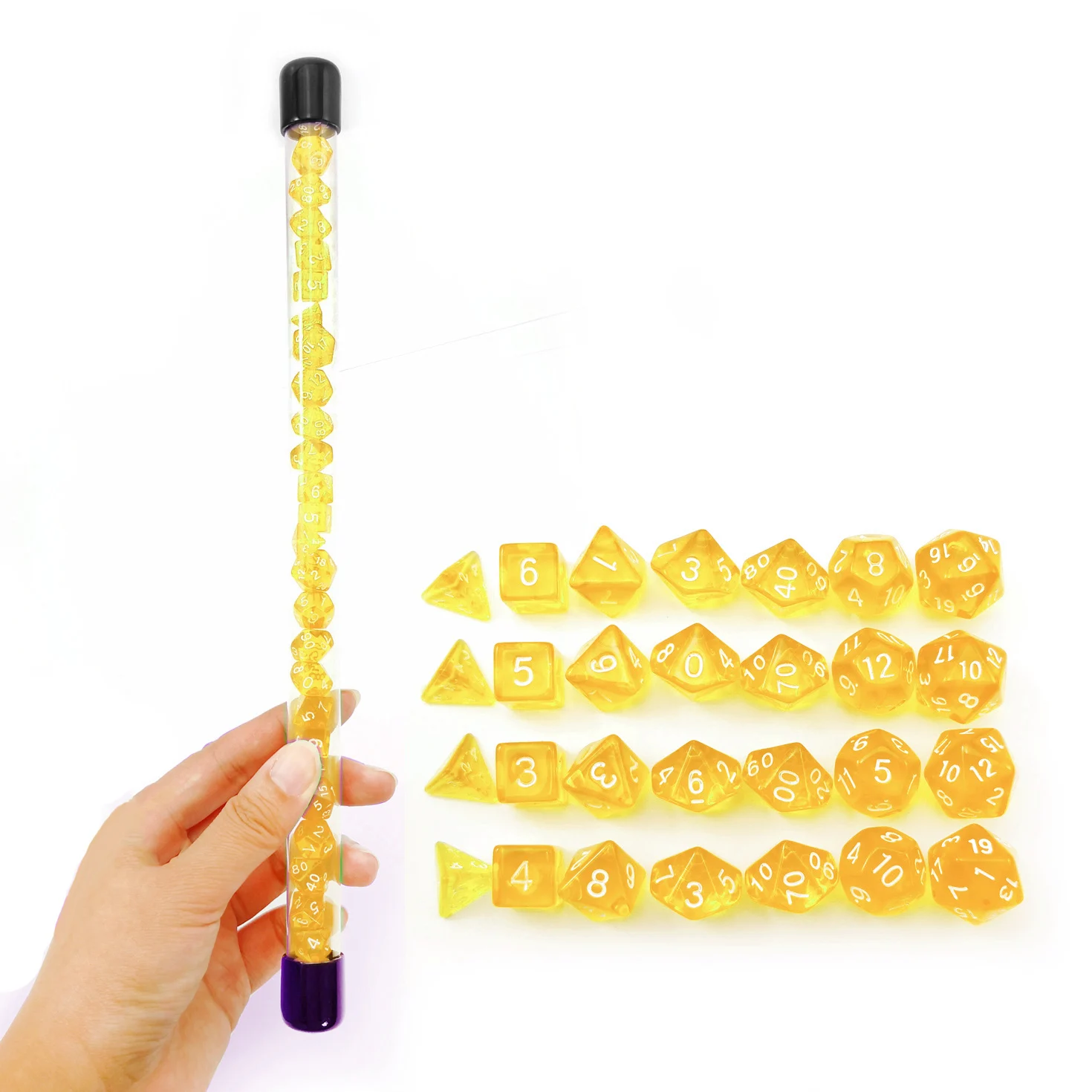 Bescon 28pcs Translucent Yellow Mini Polyhedral Dice Set in Tube, Mini RPG Dice 4X7pcs,Mini Gem Yellow Dice Tube Set