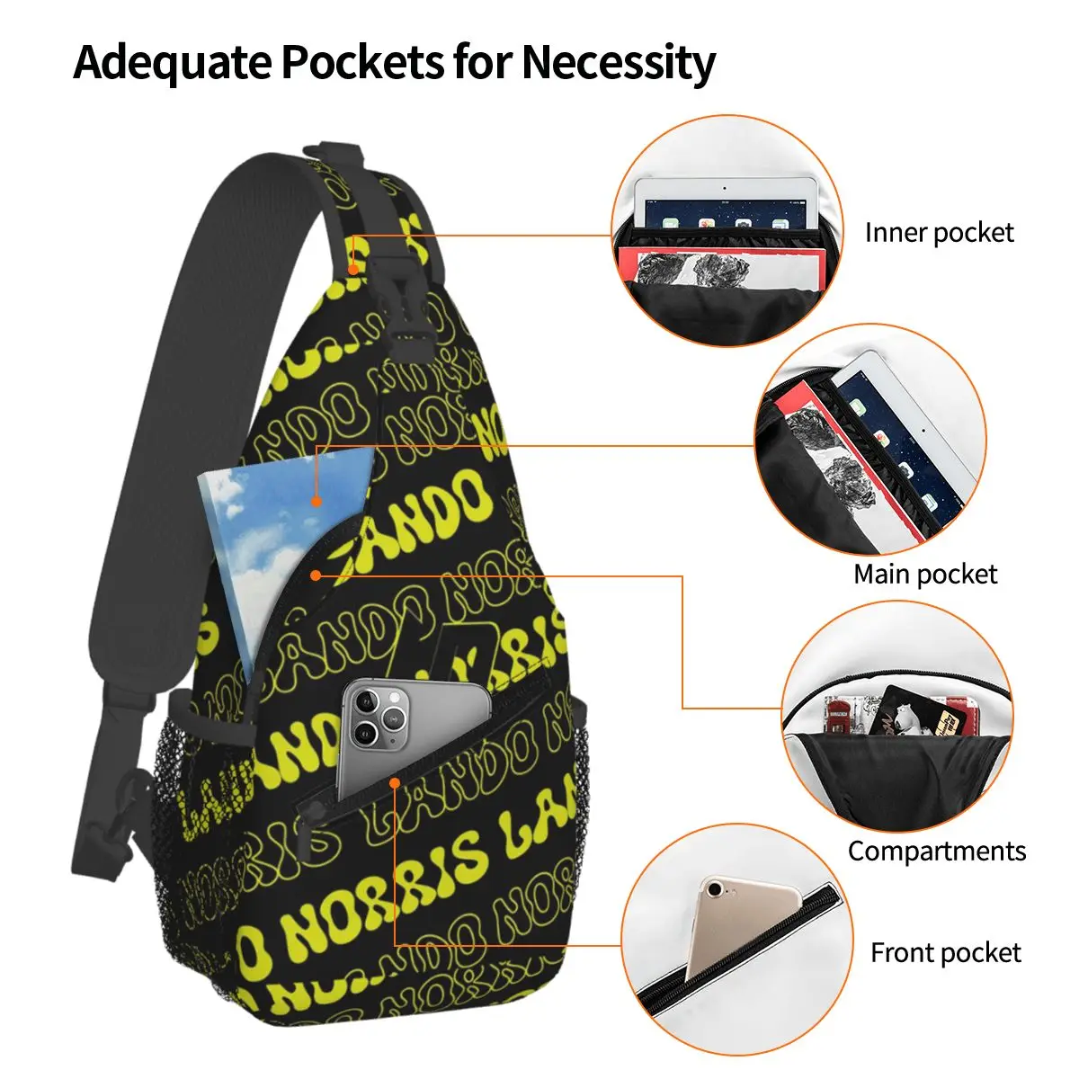L-Lando-S N-Norris-S LN Helmet Color Inspired Pattern Chest Bag Men Sling Crossbody Backpack Chest Bag Daypack Shoulder Bag