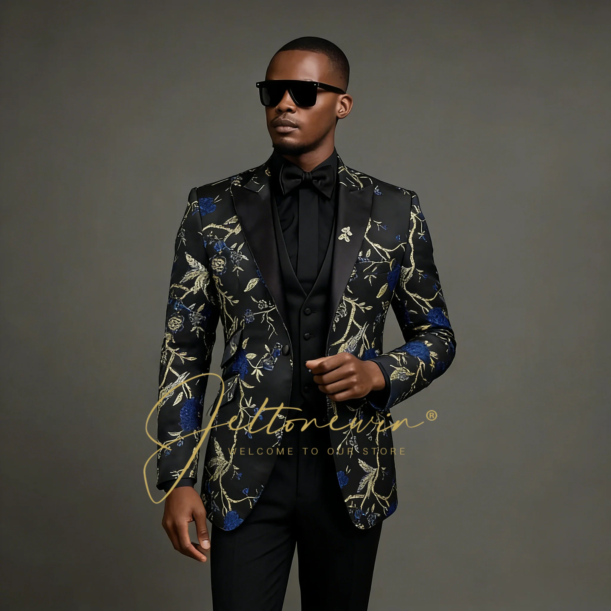 

Fashion Latest Designs Floral Men Suits Peaked Lapel Male Wedding Formal Groom Party Tuxedos Costume Homme 3 Pieces Sets