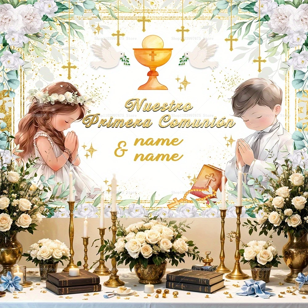 مخصص صبي فتاة الأولى بالتواصل المقدس التصوير خلفية بلدي المعمودية الذهب الصليب الكأس الله يبارك استحمام الطفل خلفية الصورة #5