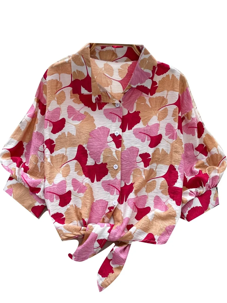 Foamlina Cross Tie Up Taille Afslankende bedrukte blouse Dames zomer nieuwe chique lantaarnmouwen van hoge kwaliteit shirt top