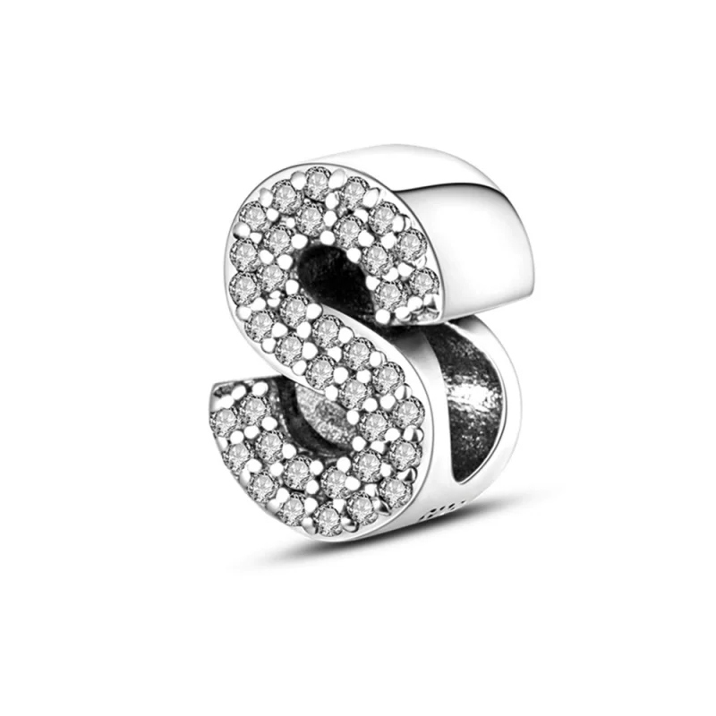 

925 Sterling Silver Letter Series - S Charms Beads Sparkling CZ Zircon Dangle Fit Original Bracelet DIY Women Birthday Jewelry