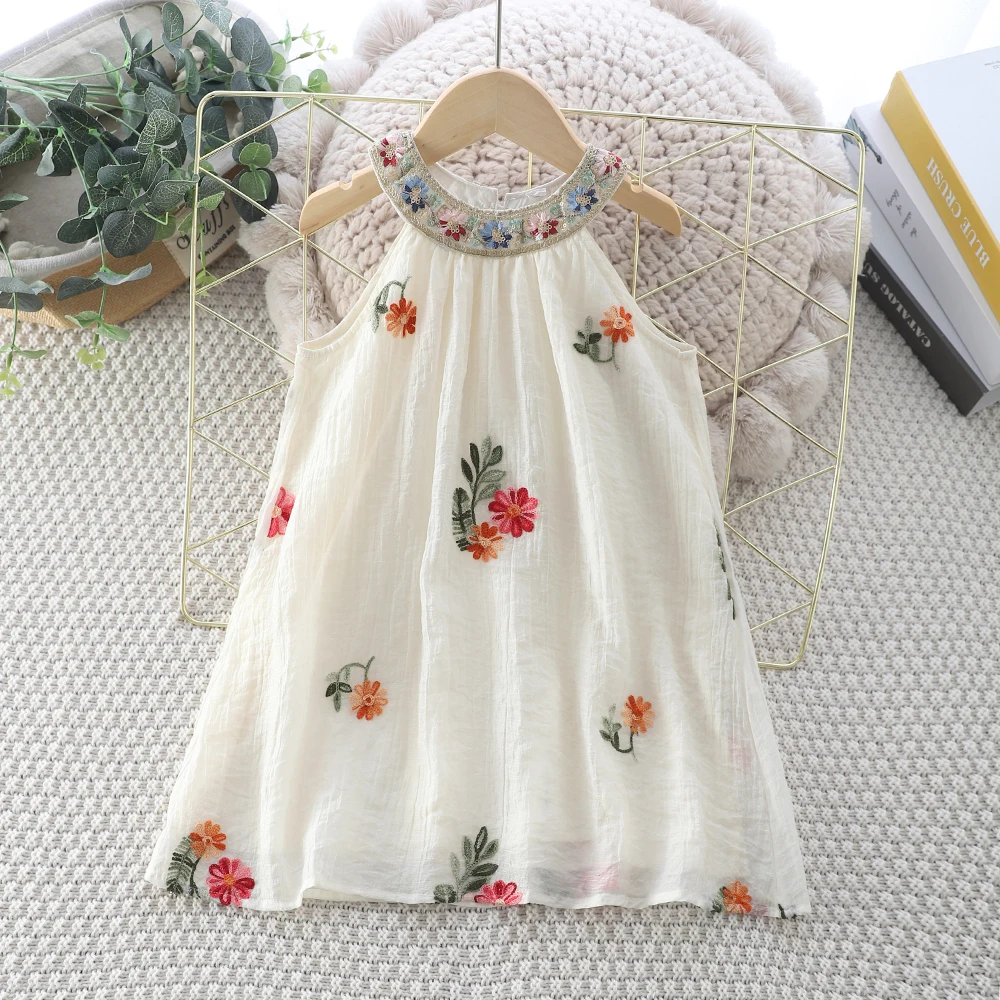 Girls Sweet Dresses Summer Embroidered Sleeveless Hanging Neck Beach Dress Leisure Vacation Dress Kids Clothes