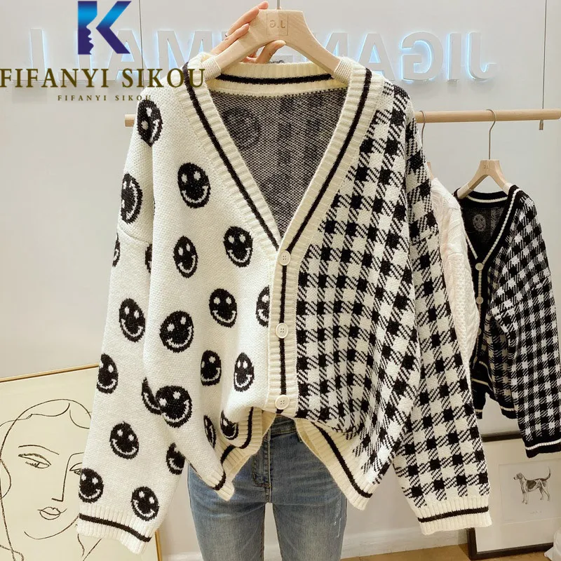 

Patchwork Knitted Sweater Jacket Women Plaid Spliced Fashion V-Neck Loose Knit Coat Autumn Winter Cardigan Sweaters Female