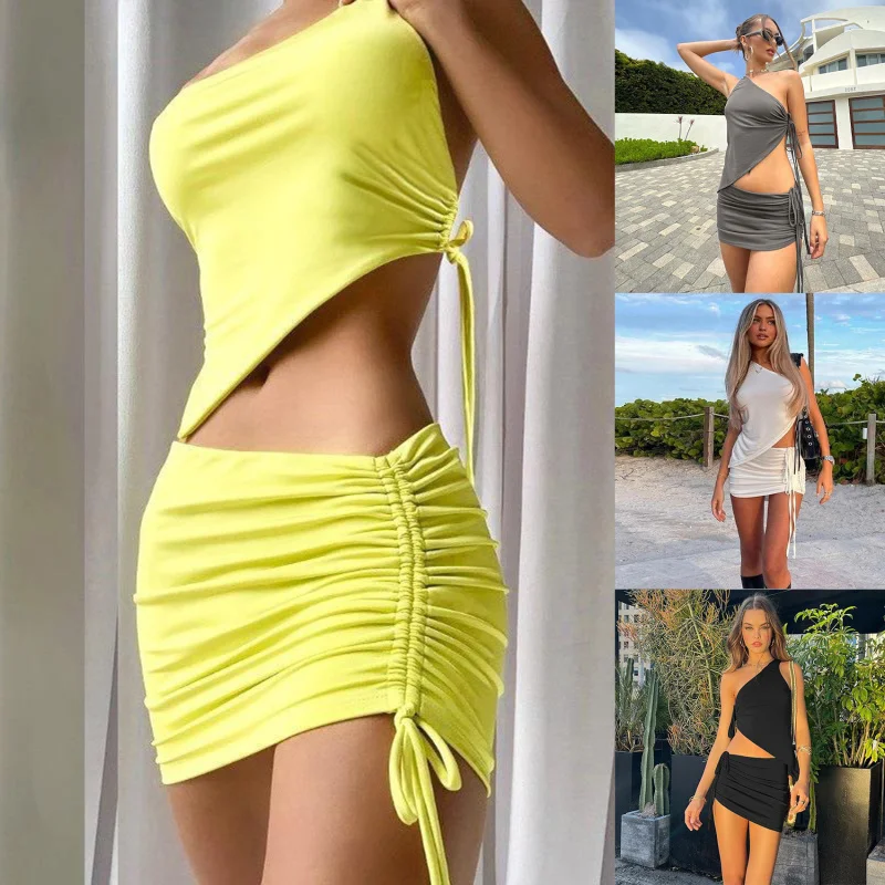 

2Pcs Drawstring Dress Summer Sets Womens Outfits Sexy One Shoulder Crop Top and Mini Skirts Sets Club Party 2023