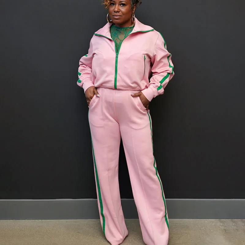 Doyerl Striped Casual Outfits for Woman Two Piece Set Sporty Fitness Workout Long Sleeve Zipper Jacket and Pants Track Suit