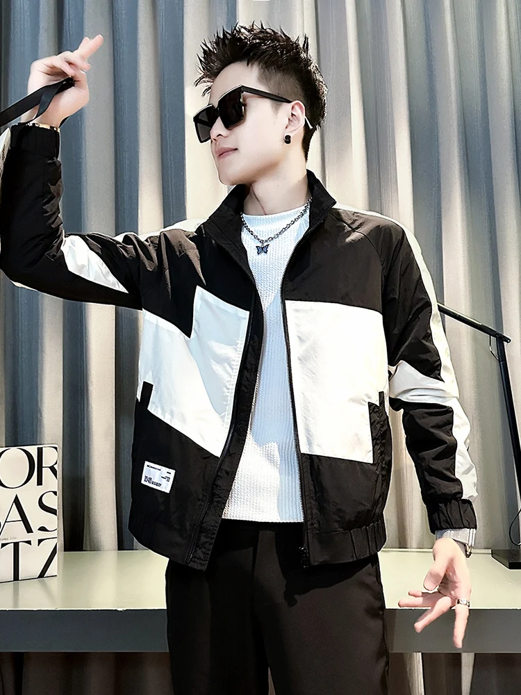 

Повседневная лоскутная цветная блузка, мужская куртка с воротником-стойкой, весна-осень, модная брендовая молодежная молодежная молодежная верхняя одежда без ветра
