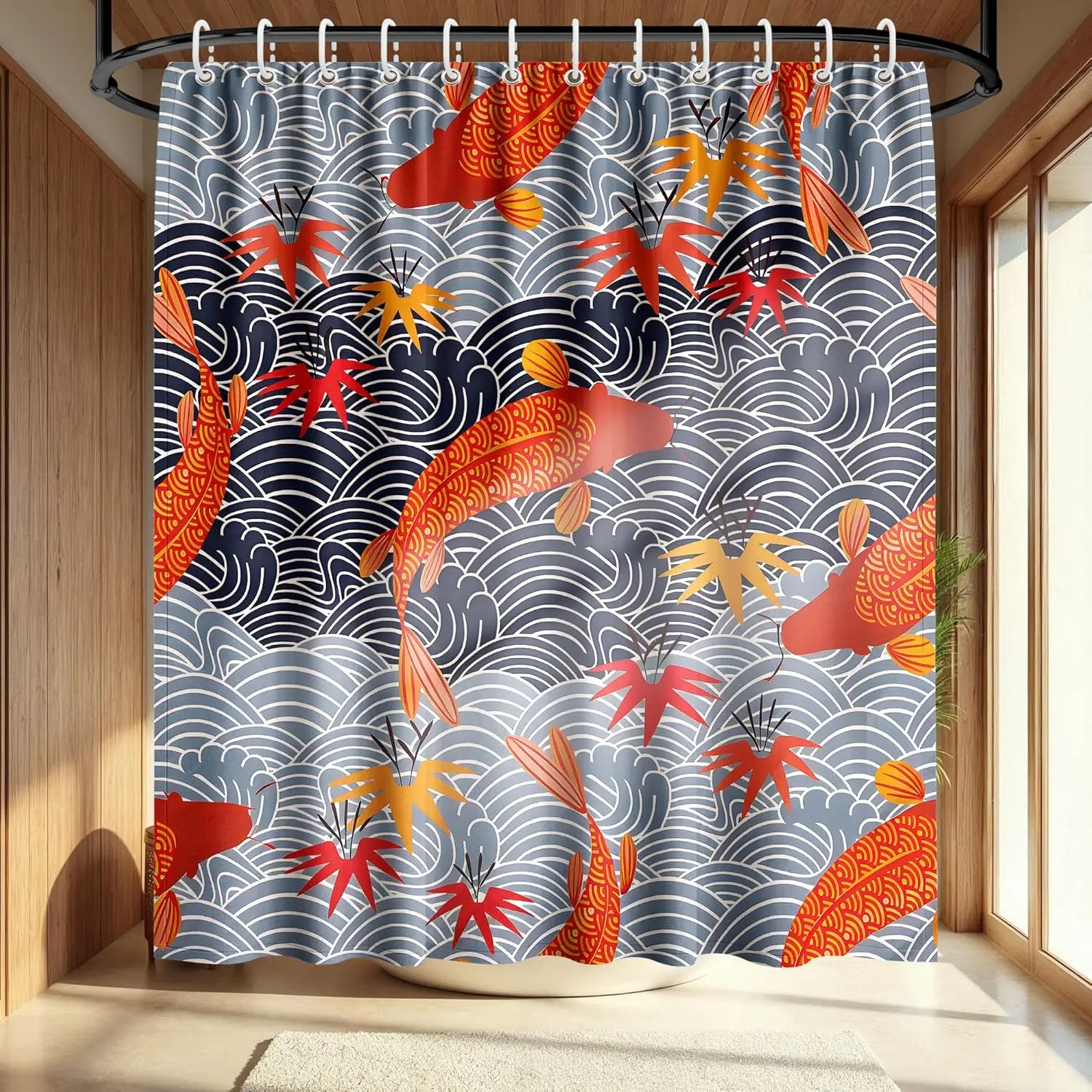 Koi-Fisch-Duschvorhang, Badezimmerdekoration im japanischen Stil mit Wellen-Kunstdruck, wasserdichter Badevorhang aus Polyestergewebe mit 12 Haken